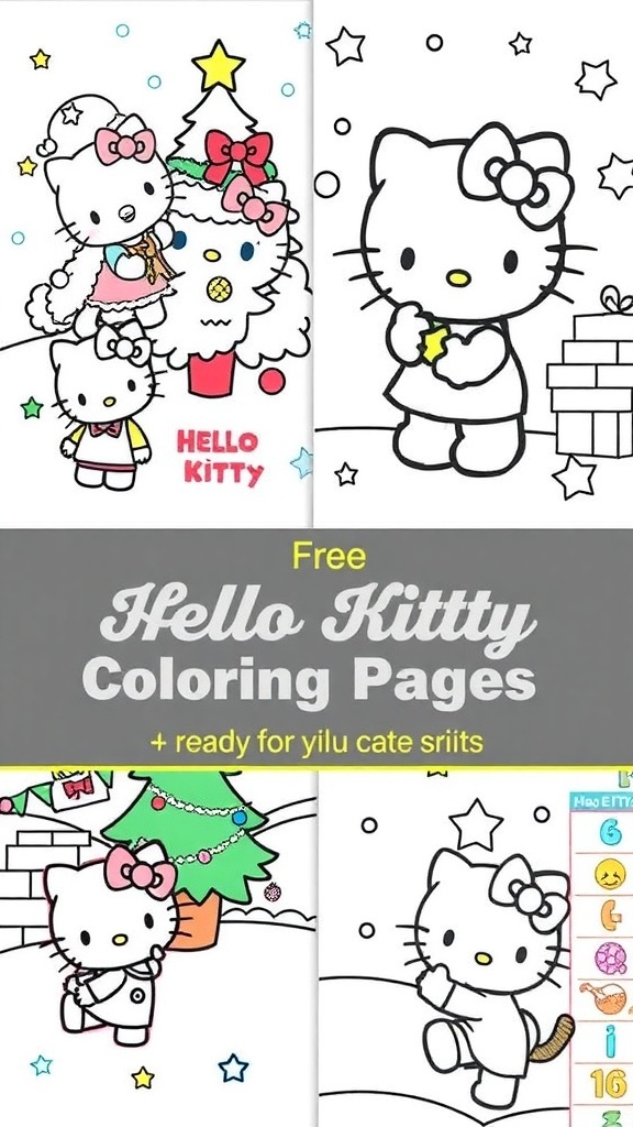 Printable Hello Kitty Christmas coloring pages featuring festive designs.